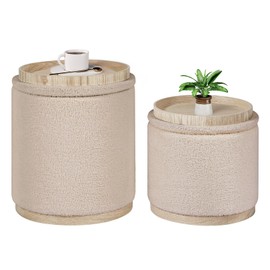B FSOBEIIALEO Storage Ottoman Round Boucle Ottomans with Tray, Set of 2 Teddy Foot Rest Ottoman Cube with Storage for Living Room , Apricot 15"x15"x16.9"