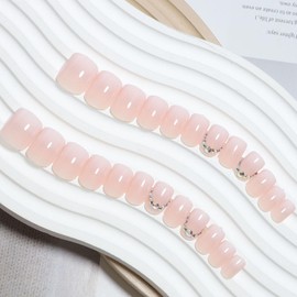 DMQ Square False Nails Short, 24Pcs Pink Gradient French Tip Nude Press on Nails, Glossy Removable Glue on Nails with Diamonds, Acrylic Full Cover Stick on Nails with Glue for Women and Girls