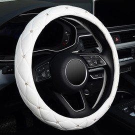 KAFEEK Diamond Soft Leather Steering Wheel Cover with Bling Bling Crystal Rhinestones, Universal 15 inch, Pure White