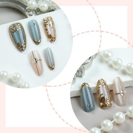 30 uñas postizas de ojo de gato, cortas, almendradas, con flores doradas 3D, con punta francesa, acrílicas, con pegamento azul artificial para manicur
