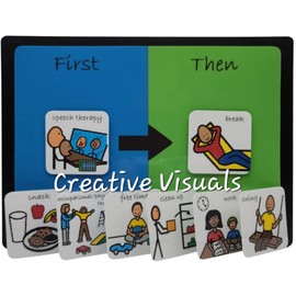 First Then Reward Token Board for Autism with 8 Colorful Pictures Plus 2 Blank Cards on an 8" x 11" Board
