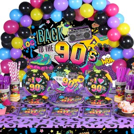 Cunhill 90s Party Decorations 90s Theme Backdrop Latex Balloons Back to the 90's Tablecloth Party Tableware Set 90's Paper Plates Napkins Knife Forks Flatware for Birthday Hip Hop Graffiti Supplies