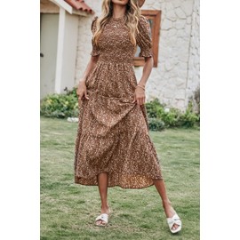 BTFBM Women Casual Summer Dresses 2025 Spring Crew Neck Ruffle Short Sleeve Floral Print Smocked Boho Flowy Maxi Dress(Floral Coffee White, X-Large)