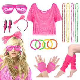 GADITIEK 80s Outfit Women's Festival Rave 90s, Malle Accessories, Schlager Mallorca Party Costume Neon, Bad Taste 80s Clothing Mesh Shirt Theme Party, 2000s Mesh Top, Aerobic Top (Pink)