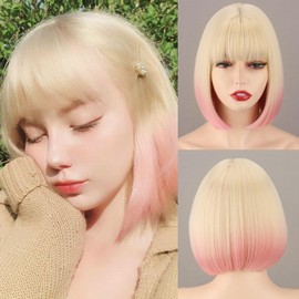 WEIRD Short Blonde Pink Bob Wig for Women Ombre Wig With Bangs Synthetic Straight Blonde mixed Pink Bob Hair for Daily Party Cosplay
