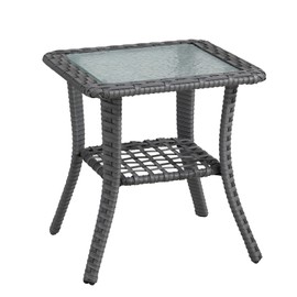 Dienspeak Patio Tables Wicker Side Table, Rattan End Table with Glass Top for Outdoor Outside Patio Porch Deck Square Brown