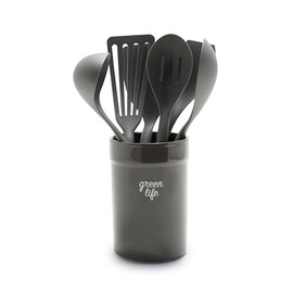GreenLife Cooking Tools and Utensils, 7 Piece Nylon and Wood Kitchen Set with Ceramic Crock Holder, Heat Resistant Spatula and Spoons, BPA-Free, Black