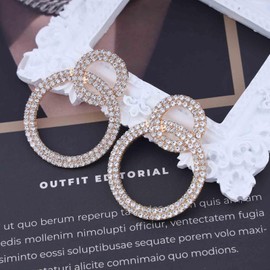 Cimenexe Bohemian Crystal Circle Dangle Earrings Gold Hollow Hoop Earrings CZ Paved Circle Earrings Rhinestone Interlocking Hoop Earrings Jewellery for Women and Girls Gifts, Zinc, No Gemstone