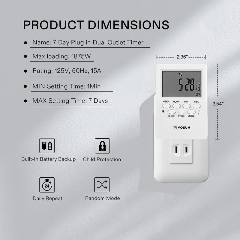 VIVOSUN Digital Timer Outlet 7 Day Programmable Digital Outlet Timer