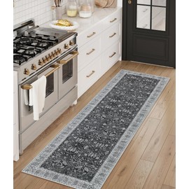 Lahome Kitchen Runner Rugs Non Skid Washable, Soft 2x8 Hallway Runner Rugs with Rubber Backing, Vintage Floral 8ft Long Carpet Runners for Bathroom, Entryway, Farmhouse Bedroom, Black