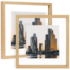 YOTINTIN 10x10 Floating Picture Frame Set of 2, Double Glass Photo Frame Wooden Frame for Wall Mount or Tabletop Displays for 5x7, 6x8, 7x9 inch Pictures, Plane Edge Frames, Natural