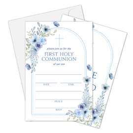 Dr.Baner First Holy Communion Invitation Card, Blue Floral Baptism Invitations For Girls Boys, Christening Fill In Invites, Religious Celebration Decorations Baby Shower Supplies, 04