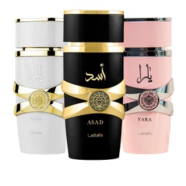 Lattafa for Women 3 Piece Eau de Parfum Gift Set (Yara + Yara Moi + Asad) 3.4 Ounce/100 ml each