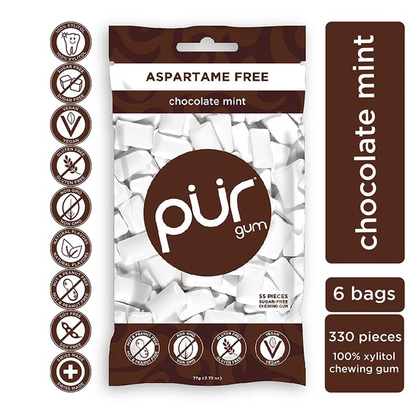 PUR 100% Xylitol Chewing Gum, Chocolate Mint, Sugar-Free + Aspartame Free, Vegan + non GMO, 55 Count (Pack of 6)