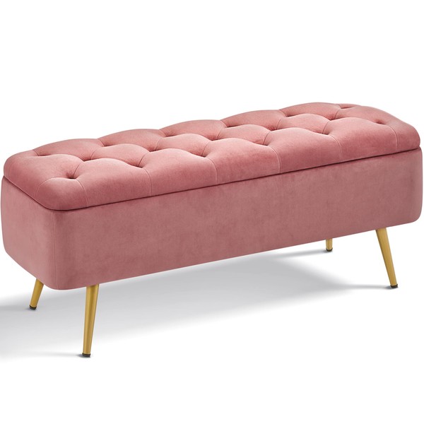 Yaheetech Storage Ottoman Bench 42.7 Inches Folding with Bedroom Fabric Footstool Pink