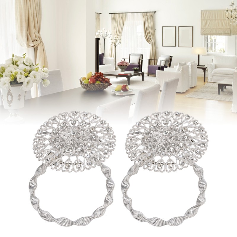2Pcs Magnetic Curtain Tiebacks Stainless Steel Sparkling Crystal Flower Curtain
