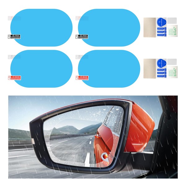 Sylvil 4 PCS Car Rearview Mirror Waterproof Film, Rainproof Anti Fog Auto Side Window Protective Sticker for Safe Driving, HD Clear Nano Coating Rear Mirror Film for Most Vehicles (Oval Large)