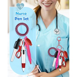 Plifal Nurse Pen Set Badge Reel Holder Accessories Clip - Retractable Mini Nursing Ball Pen Permanent Marker Highlighter Light Foldable Scissors Small Work Student Office Hospital Red