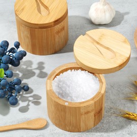 PoDhey Salt and Pepper Bowls Bamboo Pepper Salt Box with Magnetic Swivel Lid and Spoon 2 Piece Set Salt Cellar and Storage Box Seasoning Container for Salt Pepper Spice Sugar A(9 * 7cm)
