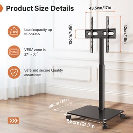 KKTONER Mobile TV Stand Rolling TV Cart for 27 to 65 inch Height Adjustable Rolling TV Stand with Wheels for Living Room Bedroom Max VESA 400x400mm Hold up 88 lbs