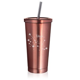 Rose Gold 16 oz Stainless Steel Double Wall Insulated Tumbler Pool Beach Cup Travel Mug With Straw Star Zodiac Horoscope Constellation (Virgo)