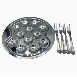 ROGER ORFEVRE Le Thiers Premium Polished Stainless Steel Escargot/Snail Dish Plates With Forks (12 Hole)