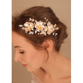 Deniferymakeup Bride Wedding Hair Comb Clip Gold Flower Bridal Hair Clip Opal Rhinestone Clip Wedding Hair Accessory for Women and Girls (Style 2)