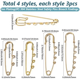 SUNNYCLUE 1 Box 12Pcs 4 Styles Gold Kilt Pin Stainless Steel Safety Pins Bulk Metal Heavy Duty Fastener Loops Clasp Kilts Brooches Findings with Holes for Sewing Blanket Clothes DIY Jewellery Supplies