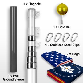 G128 Combo Pack: 20 Ft Telescoping Aluminum Flagpole (Silver) & American and Mississippi Magnolia Flags 3x5 Ft, Both ToughWeave Series Embroidered Polyester | Pole with Flags Included