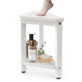 Shower Foot Rest 14in, HDPE Waterproof Shower Stool for Inside Shower, Corner Shower Stool for Shaving Legs with Storage Shelf, Shower Step Stool for Small Space, Plastic Corner Shower Bench, White