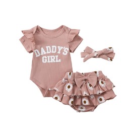 ZZLBUF Newborn Baby Girls Clothes Summer Daddys Girl Outfit Ruffle Romper Floral Shorts Headband 3Pcs Father's Day Outfits (02- Pink, 0-3 Months)