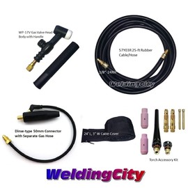 WeldingCity 150-amp WP-17V (with Gas Valve) Air-cooled TIG Welding Torch Complete Package with 25-ft Power Cable Hose and Dinse 35-50 (Solid 1/2"-pin) Cable Adapter (with Separate Gas)