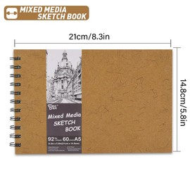 5.8" x 8.3" Mix Media Sketch Book, Top Spiral Bound Hardcover Art Journal Sketchbook,60 Sheets 92lb/150gsm Acid Free Artist Drawing Neutral White Paper for Painting Writing Illustration,Turmeric