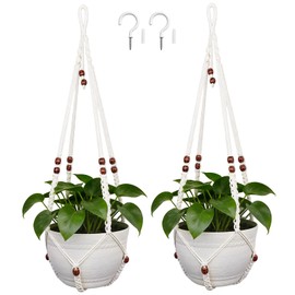Macrame Plant Hangers for Indoor Plants, 2 Pack 35 Inch Cotton Rope Hanging Planter Holders with Floral-Patterned Beads and Hooks, Fits 4-15 Inch Pots, Ivory