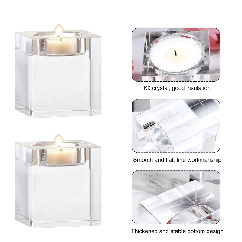 Odowalker 4 Pcs Clear Crystal Candle Holders, 2×2×1.6 inch Square