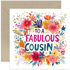 Fabulous Cousin Card, Beautiful Bold and Colourful Artwork, Stars and Floral Accents, Premium Desiged Gifts for Her - Leaving, Farewell, Miss You Thanks, Birthday Card for Female Cousin
