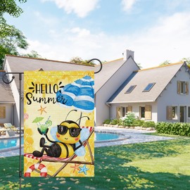 Heyfibro Hello Summer Garden Flag 12x18 Double Sided Burlap Spring Summer Bee Small Yard Flags Summer Lemon Juice Banner for Seasonal Outside Outdoor Seaside Decoration (ONLY FLAG)
