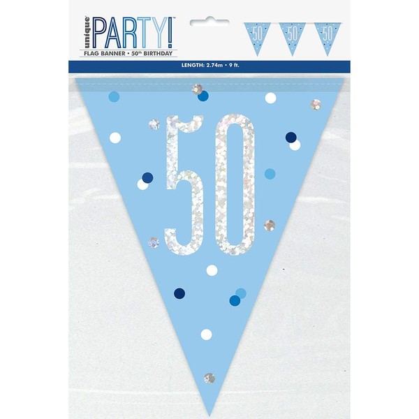 Unique 83441 Blue Dots Prismatic 50th Birthday Plastic Pennant Banner, 9 Ft 1 Pc, Age 50