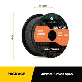 Kamu Synber 550 Paracord 4mm 30m Type III 7 Strands 100% Nylon Rope Parachute Cord Ideal for Crafting, DIY, Camping, Survival, Outdoor | Support 250kg | Black