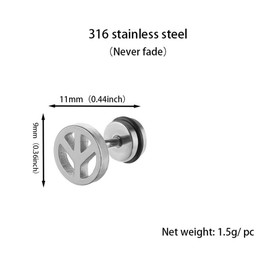 16g Peace Sign Tiny Small Stud Earrings for Women Men Teen Girls Cartilage Tragus Cute Simple Stainless Steel Screw Back Little Mini Studs Hypoallergenic Sleeper Piercing Post Fashion Jewelry