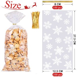 Pack of 100 Christmas Cookie Bags, Cellophane Bags, Clear, Snowflake Candy Bag, Snowflake Cellophane Bags with 100 Twist Ties (12.5 x 27.5 cm)