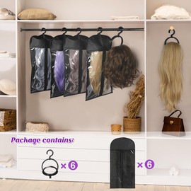 KOLLIEE 6 Pcs Wig Bags Storage with Wig Hanger Dust-proof for Multiple Wigs Hanging Storage Bags Organizer Foldable Easy Carry Suitable for Home Travel Hair Salon Black