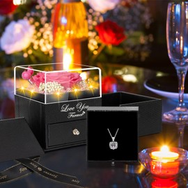 Lebana Preserved Pink Real Rose with Heart I Love You Necklace -Eternal Flowers Rose Birthday Gifts for Her Mom Wife Girlfriend Grandma on Valentines Mothers Day Christmas Anniversary Romantic-Pink