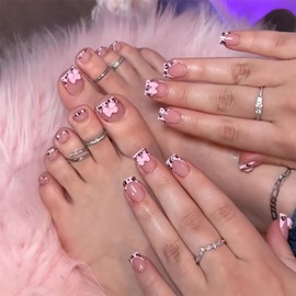 BABALAL Cow Print Press on Nails and Toenails Matching Set Short Square Fake Toe Nails with Bow Charm Designs Acrylic False Toenails Cute Full Cover Glue on Toe Nails 48Pcs Artificial Set for Women