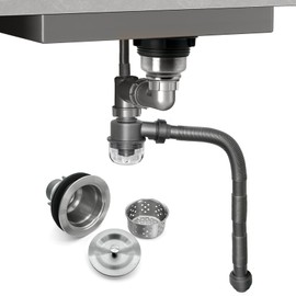LOONGSHINET All-In-One Sink Drain Kit for Single Kitchen Sink, Multi-function P Trap Pipe Adjustable for Wall Drain/Ground Drain, Fits Overflow or No Overflow Vessel Sink, Universal Kitchen Drain Kit