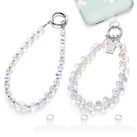 Landical 2 Pcs Beaded Phone Wrist Straps Anti Lost Wrist Lanyard Double Chain Cell Phone Charm with 3 Tether Tab Beaded Wristlet Bracelet for Women Men Phone Wallet Camera(Sparkling Crystal)