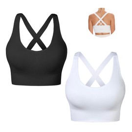 Nabawa Sports Bra for Women Unpadded Medium Support Criss Cross Back Strappy Sports Bras Seamless High Impact Yoga Workout Bra Gym Activewear Top,Black*White
