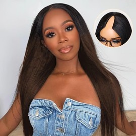 Nadula V Part Yaki Straight Glueless Wig Human Hair Balayage Brown Upgraded U Part Wigs, Highlight Straight V-part Wigs V Shape Clip in Half Wig No Glue Wear and Go No Leave Out 22inch