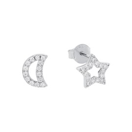 Amor 2016750 Women's Stud Earrings 925 Sterling Silver with Synthetic Zirconia 0.8 cm Silver Moon / Stars Comes in Jewellery Gift Box, Sterling Silver, Created Cubic Zirconia