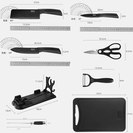 Juego De Cuchillos De Cocina Multifuncional, 8 Piezas Set de Cuchillos con Base,Cuchillo de Acero Inoxidable Negro Conjunto, También Viene con Tabla de Cortar,Cuchillo Sacapuntas Varilla
